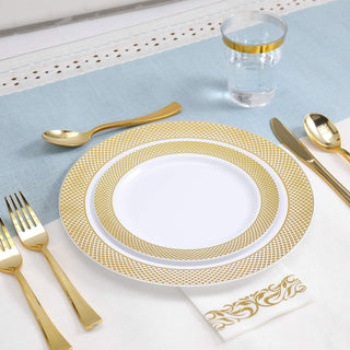 「Jolly Choice」140 Piece Gold Dinnerware Set for 20 Guests, Including Plastic Plates with Gold Grid Rim, Silverware, Cups and Napkins