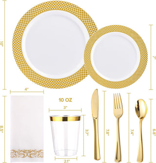 「Jolly Choice」140 Piece Gold Dinnerware Set for 20 Guests, Including Plastic Plates with Gold Grid Rim, Silverware, Cups and Napkins