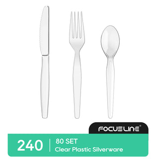 「Jolly Choice」240 Count Clear Plastic Silverware, 80 Forks, Knives and Spoons Each, BPA-Free, Heavy Duty Disposable Cutlery Set
