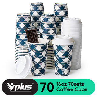 「Jolly Choice」70 Pack 16 oz Paper Coffee Cups, Disposable Paper Cups with Lids and Stirrers - JOLLYCHEF