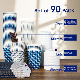 Jolly Chef product gallery image 2 named Paper Coffee Cups, Disposable Paper Cups with Lids, Sleeves and Stirrers with 12 oz