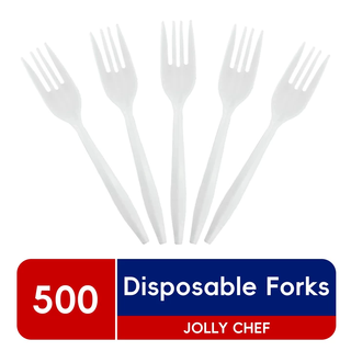JOLLY CHEF 500 Tenedores de Plástico Blancos, Tenedores Desechables a Granel, Cubiertos de Plástico Resistentes al Calor para Restaurantes de Comida para Llevar, Reuniones Familiares, Actividades al Aire Libre
