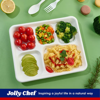 Jolly Chef 10*8 inches compostable disposable 5 compartment paper plates (120 pack) filled with spaghetti and vegetables