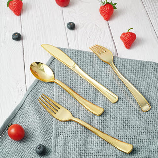 JOLLY CHEF 150 Count Gold Plastic Silverware Set - 50 Forks, 50 Knives, 50 Spoons - Heavy Duty Plastic Cutlery Set Disposable Flatware - JOLLYCHEF
