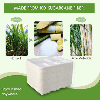 Jolly Chef 10*8 inches compostable disposable 5 compartment paper plates (120 pack) are made by natural and raw materials so you can enjoy a meal anywhere