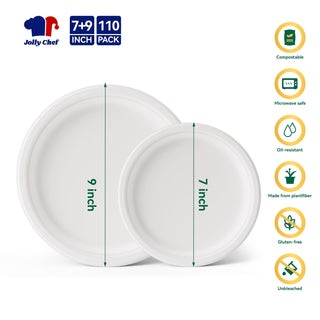 Jolly Chef 7 inches or 9 inches paper plate are compostable, microwave safe, oil-resistant, made from plant fiber, gluten-free and unbleached