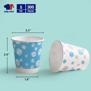 Two colorful JOLLY CHEF 5 oz Paper Cups, one blue with white patterns, and one white with blue and gray dots, sizes marked, on a light green background.