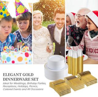 Celebrations: Kids birthday, wedding couple, Christmas family. Gold dinnerware set for parties, weddings, holidays.