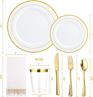 Elegant disposable dinnerware set: white plates with gold rims, gold plastic cutlery, napkin, and cup.
