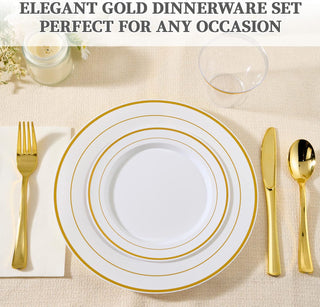 Elegant gold-rimmed dinnerware set on a beige tablecloth.