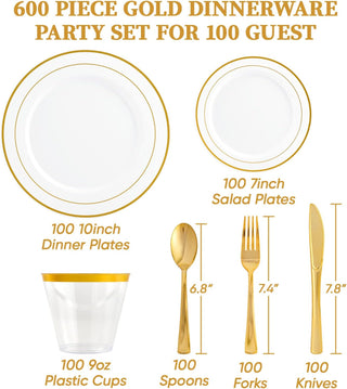 600-piece gold party set for 100 guests: dinner plates, salad plates, cups, spoons, forks, and knives.