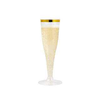 A Jolly Chef 4.5oz Clear Gold Rim Champagne Flutes, it is a elegant champagne flute filled with bubbly golden champagne, featuring a gold rim.