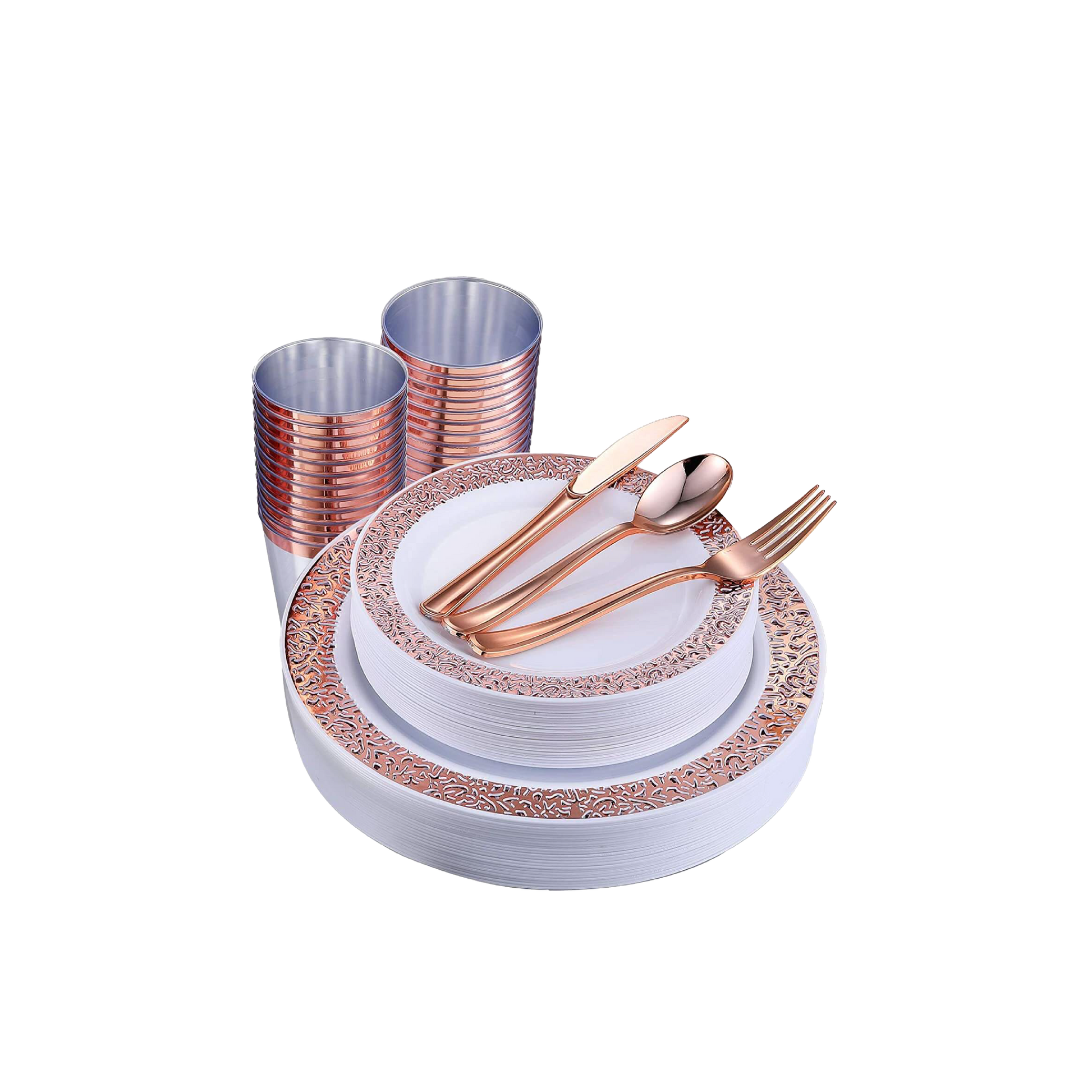 A set of elegant Jolly Chef plastic plates with rose gold trim, matching utensils, and silver cups, arranged for a refined dining experience.