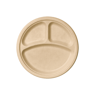 A round compostable plate with three compartments from Jolly Chef.
