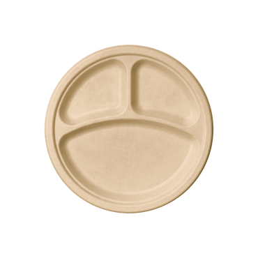 A round compostable plate with three compartments from Jolly Chef.

