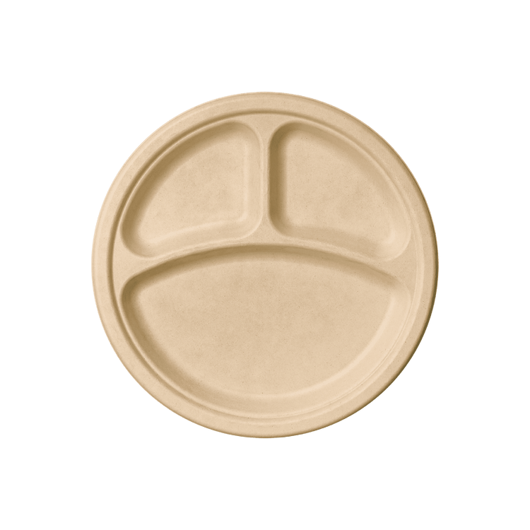 A round compostable plate with three compartments from Jolly Chef.

