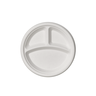 A round, jolly chef Compostable 3 Compartment Plates, white biodegradable plate divided into three sections, designed for portioning meals.