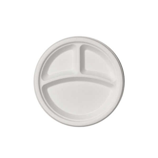 Assiettes en vrac à 3 compartiments de 9 po/10 po | Barquettes de canne à sucre pour burgers, riz | Compostables | Fournitures de restaurant
