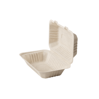 An open, eco-friendly Jolly Chef takeout container made of biodegradable material, featuring a ribbed design and a secure lid.