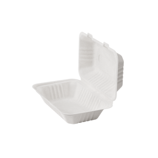 An empty, white biodegradable Jolly Chef takeout container, open with a hinged lid, featuring textured interior ridges.