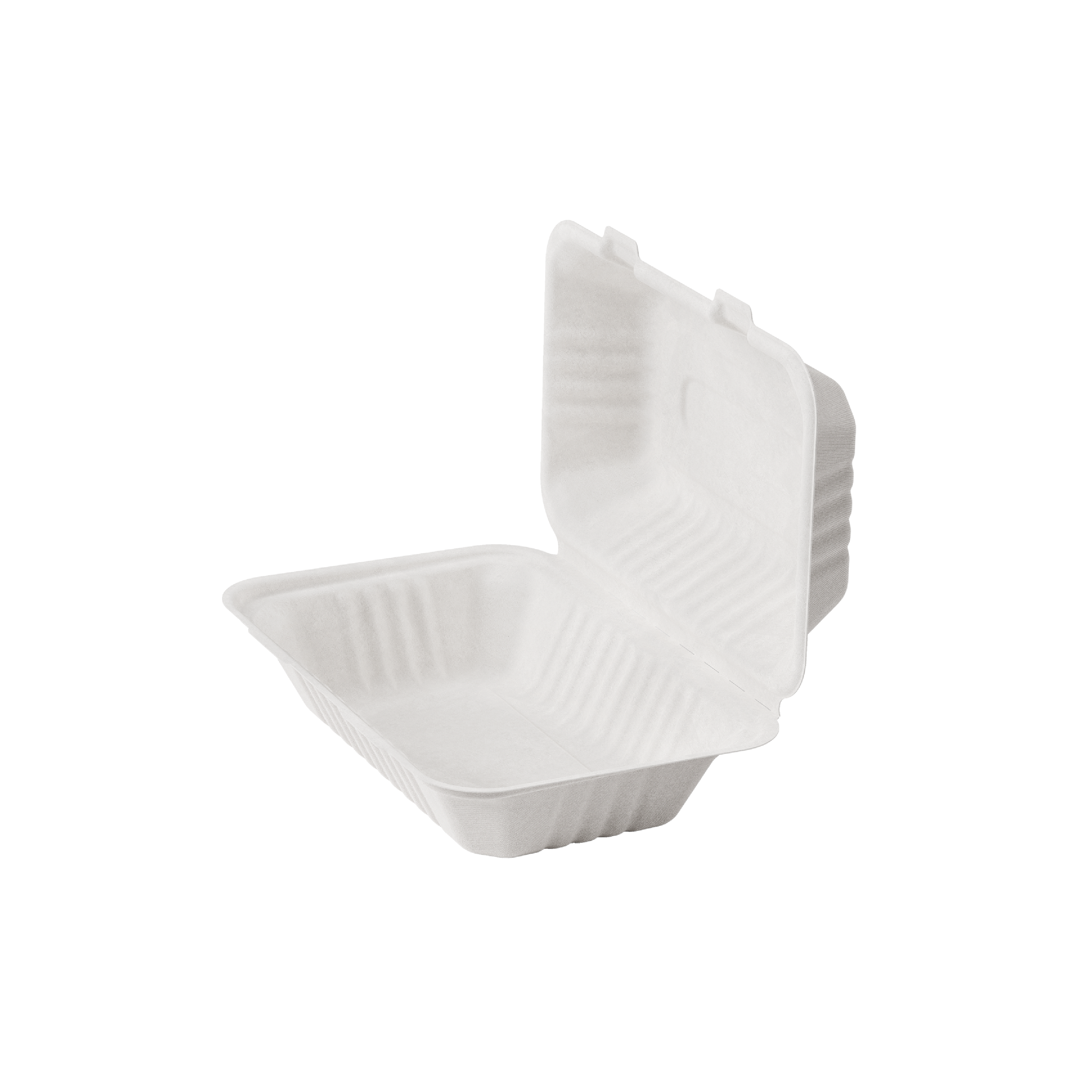 An empty, white biodegradable Jolly Chef takeout container, open with a hinged lid, featuring textured interior ridges.