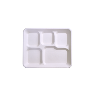 Jolly chef white Compostable Square 5 Compartment Plates. A beige, biodegradable meal tray divided into five compartments for serving food.
