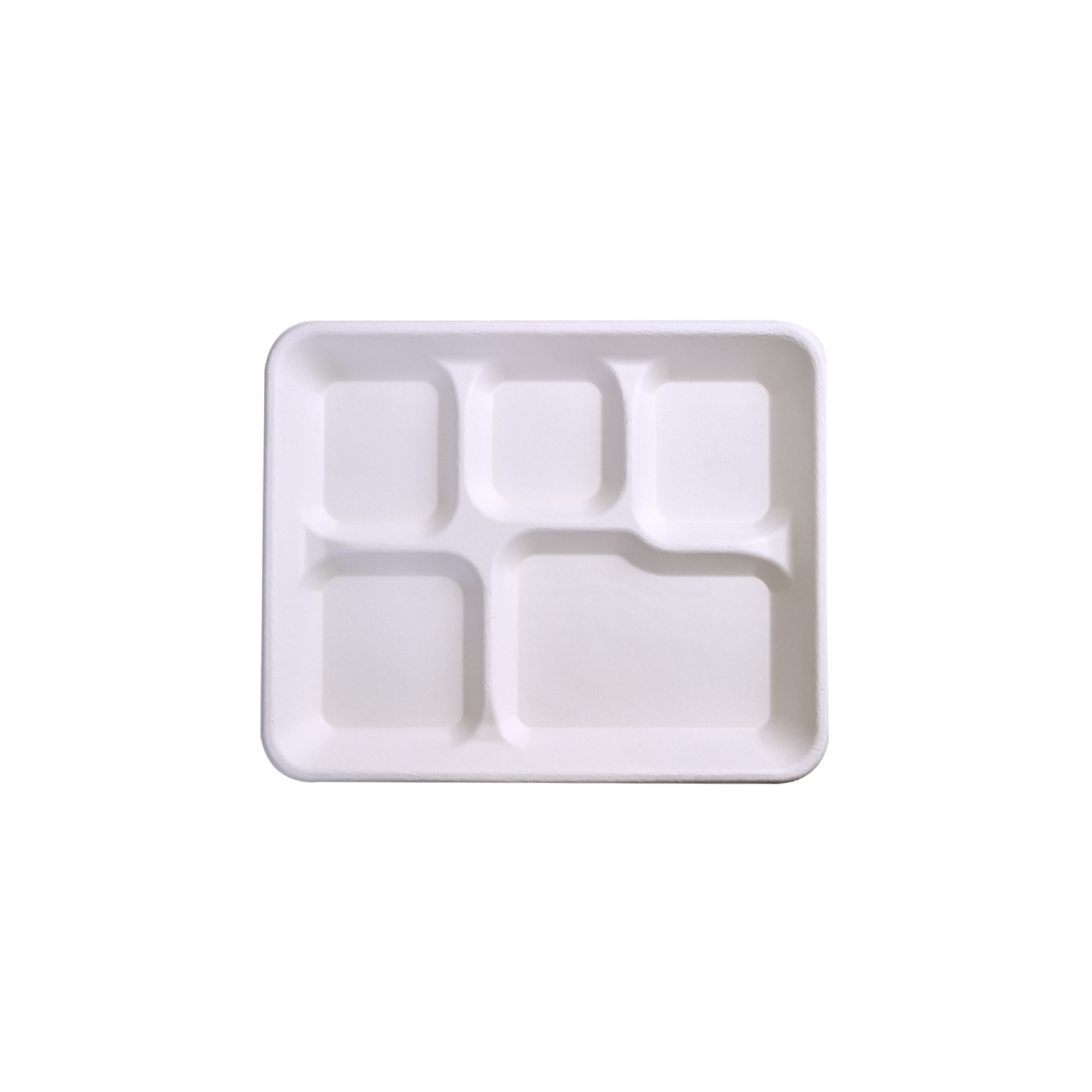 Jolly chef white Compostable Square 5 Compartment Plates. A beige, biodegradable meal tray divided into five compartments for serving food.