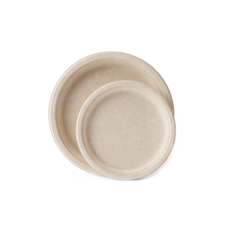 Two eco-friendly, beige Jolly Chef Compostable White&Natural Plates(60 sets) stacked, showcasing a smooth texture and minimalistic design.