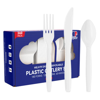 A box of heavy-duty Jolly Chef White Plastic Knifes&Spoons&Forks, containing 180 forks, 120 spoons, and 60 knives, all in white.