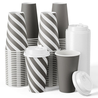 Multiple Size Gray Stripe Paper Coffee Cups With Lids - Office & Cafe - Jolly Chef - JOLLYCHEF