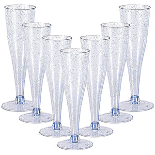 A group of eight Gold&Blue&Purple Glitter Plastic Champagne Flutes with silver glitter accents, arranged in an upright position against a white background.