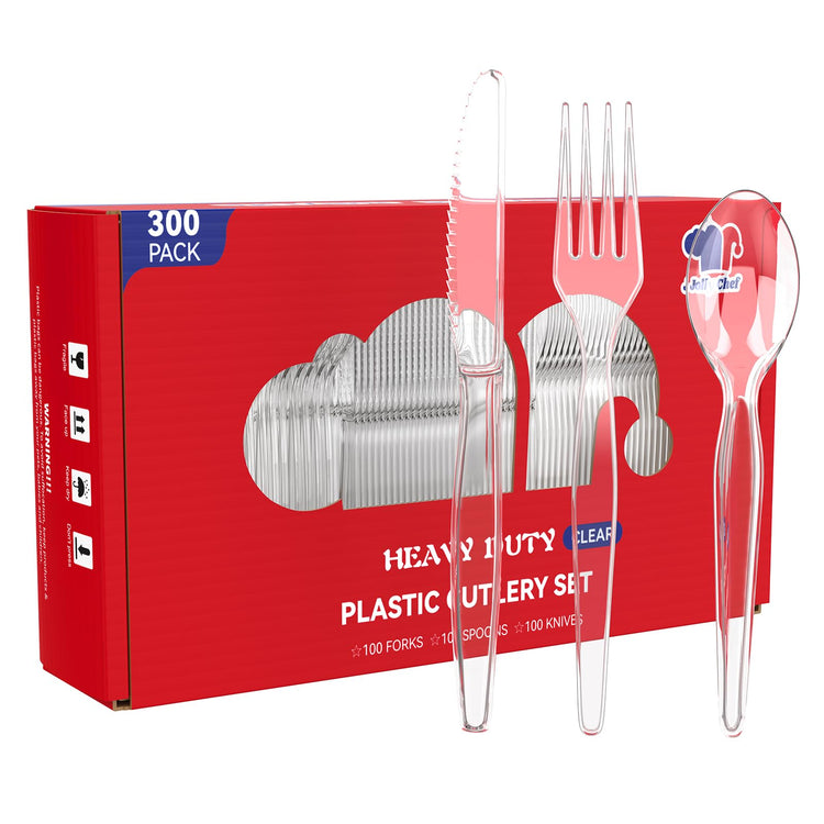 A red box of heavy-duty clear Jolly Chef plastic cutlery set, featuring 100 forks, 100 knives, and 100 spoons, displayed in an appealing arrangement.