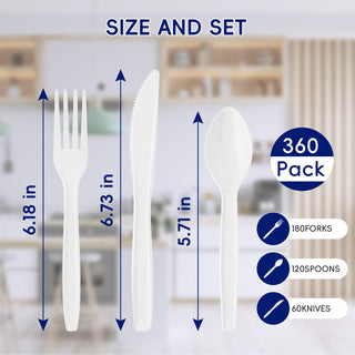 Image showing assorted Jolly Chef White Plastic Knifes&Spoons&Forks : a fork (6.18 in), knife (6.73 in), and spoon (5.71 in) with quantities and sizes labeled.