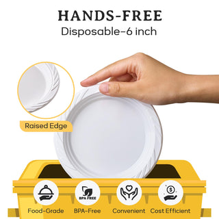 A hand holds a 6-inch Jolly Chef Whirl Pattern Rim Plastic(PS) Plates with a raised edge, showcasing its food-grade, BPA-free features above a yellow trash bin.