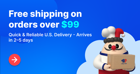 Free shipping over $99. Chef cartoon holding a Jelly Chef package. Quick U.S. delivery.