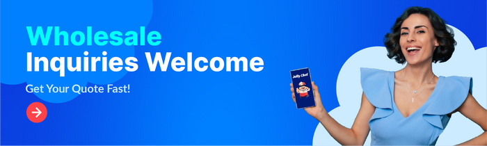Wholesale Inquiries Welcome! Woman holding Jolly Chef mobile app for fast quotes.