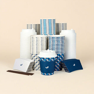 Multiple Size Blue & Grey Leaf Pattern Paper Coffee Cups With Lids & Sleeves & Stirrers - Office & Cafe - Jolly Chef - JOLLYCHEF