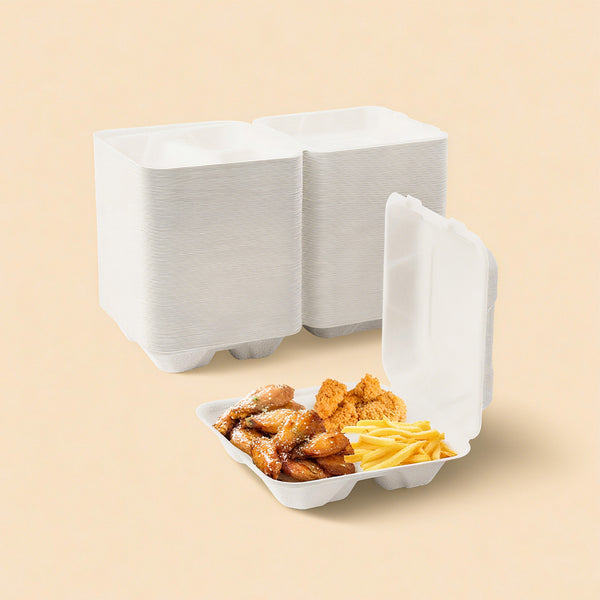 Bulk White Sugarcane To-Go Boxes | Compostable Clamshells for Burgers, Sandwiches & Salads | Restaurant Supply