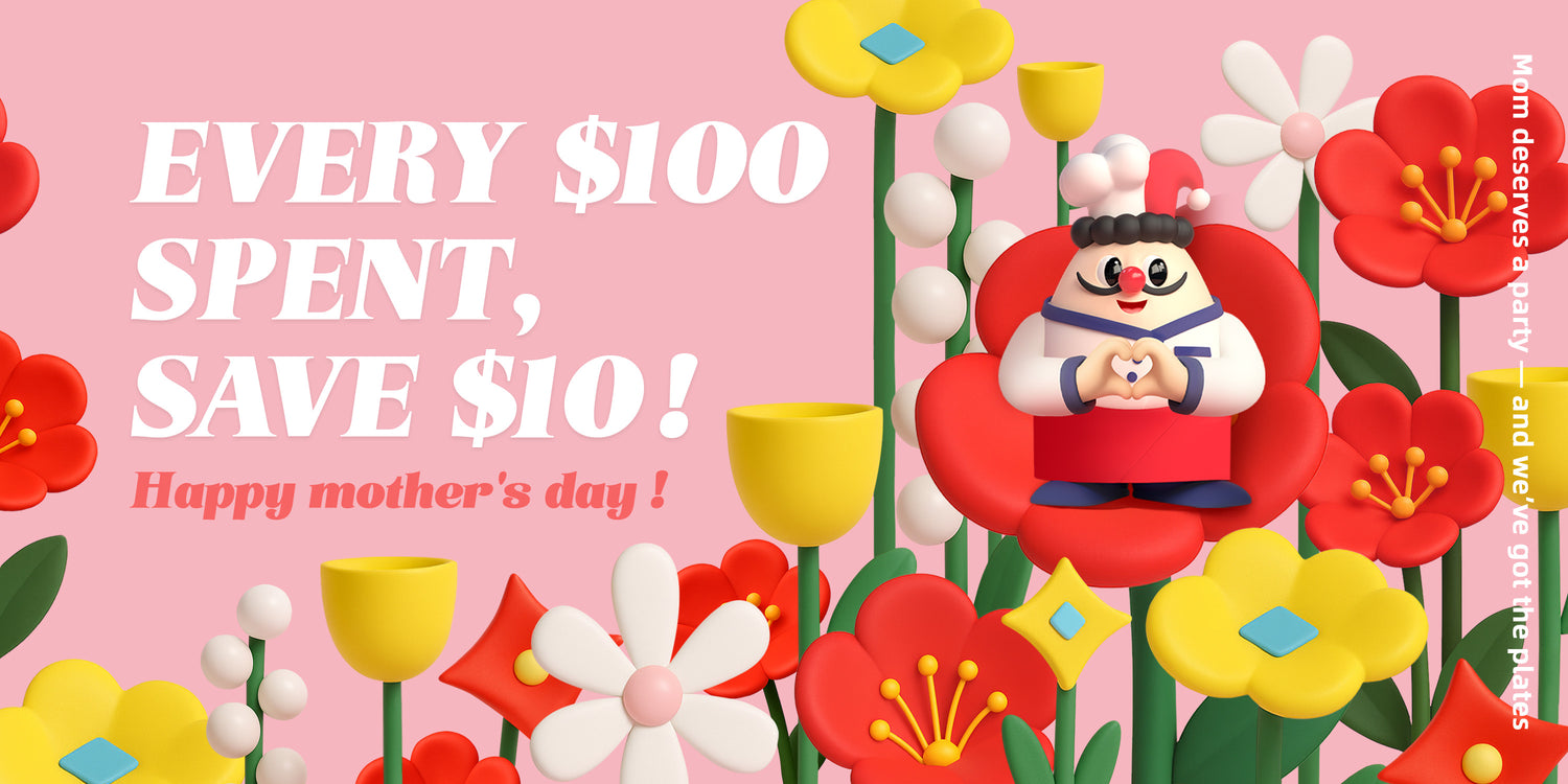 This is a vibrant and festive 3D - style illustration for Mother's Day, featuring a cheerful chef - like character sitting on a large red flower amidst a colorful floral backdrop, with the text "HAPPY MOTHER'S DAY!" and "Mom deserves a party — and we’ve got the plates" conveying warm wishes.