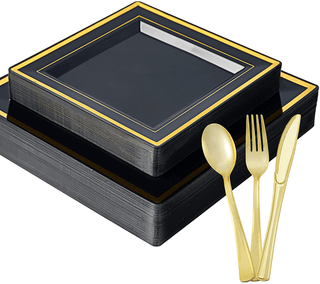 Jolly Chef Gold&Silver Rim Black&White Square Plastic Plates & Flatwares(25 sets), accompanied by a gold spoon, fork, and knife. Perfect for formal dining.