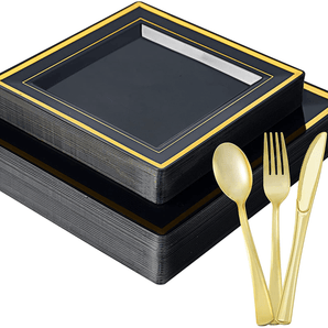 Ensemble de vaisselle en plastique carré noir et or pour les fêtes de mariage