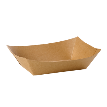 A simple, rectangular Jolly Chef brown paper food tray with curved sides, suitable for serving snacks or meals at events or takeout.