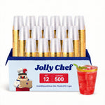 12oz clear plastic cups with gold rim, 500 count carton, Jolly Chef brand
