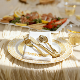 Lace Rim Gold & Rose Gold Plastic Dinnerware Sets with Napkin for Parties & Events - Jolly Chef