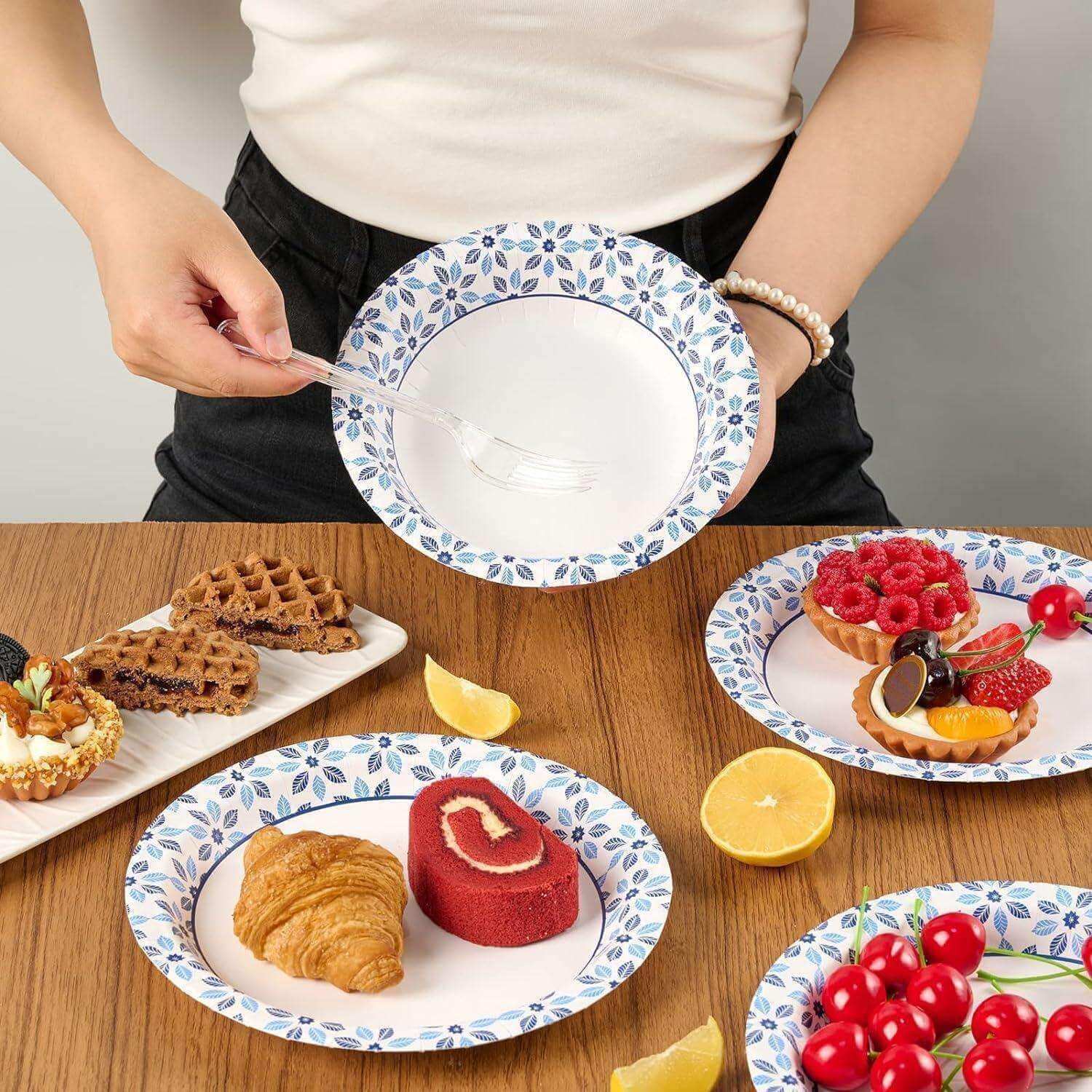 Jolly Chef blog content from February 2025 a person holds a blue-white floral paper plate with a clear fork.