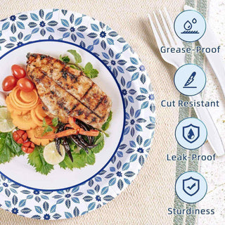 A grilled chicken breast with vegetables and garnish on a decorative jolly chef plate, showcasing features like grease-proof and leak-proof design.