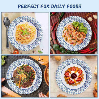 Four jolly chef plates of diverse meals: pasta, shrimp stir-fry, a colorful salad with steak, and a dessert tart with fruit, all on decorative dishes.