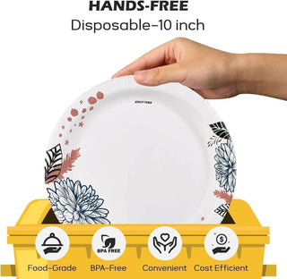 A hand holds a decorative 10-inch disposable jolly chef plate above a yellow bin, highlighting its convenience and BPA-free features.