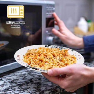 A hand holds a jolly chef plate of rice with chicken, reaching towards a microwave oven labeled "Microwave Oven" above the image.