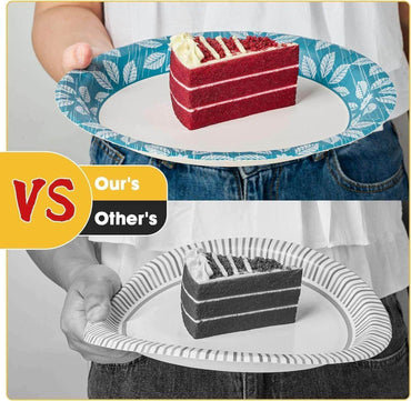 A side-by-side comparison of two slices of cake on decorative Jolly Chef Blue Leaf Pattern Rim Paper Plates, highlighting differences between "Our's" and "Other's."